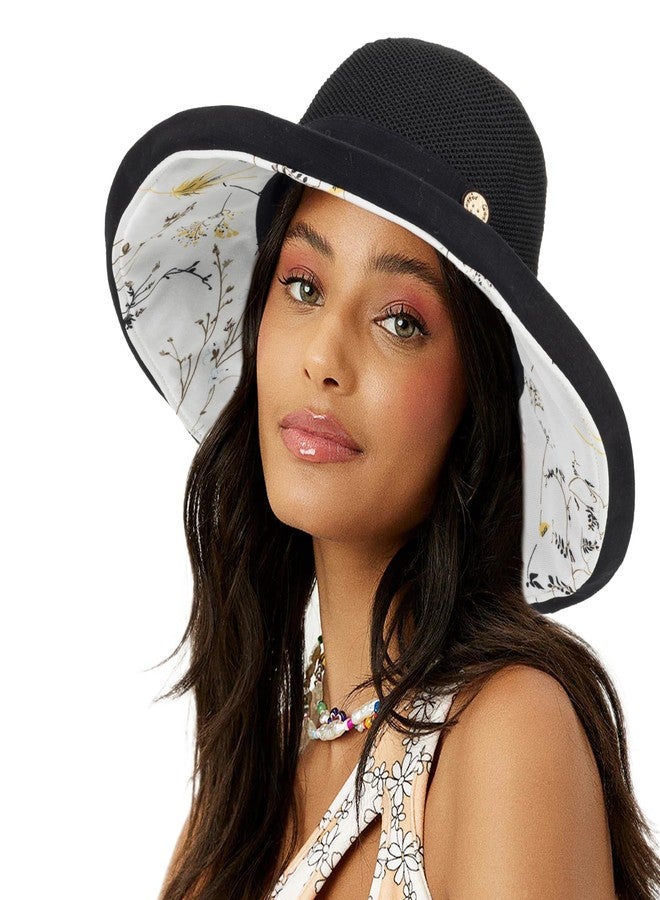 XuoAz Women Summer Sun Hat Floral Beach Hat Wide Brim UV Protection Packable Bucket Cap for Vacation Travel Black - Image 1